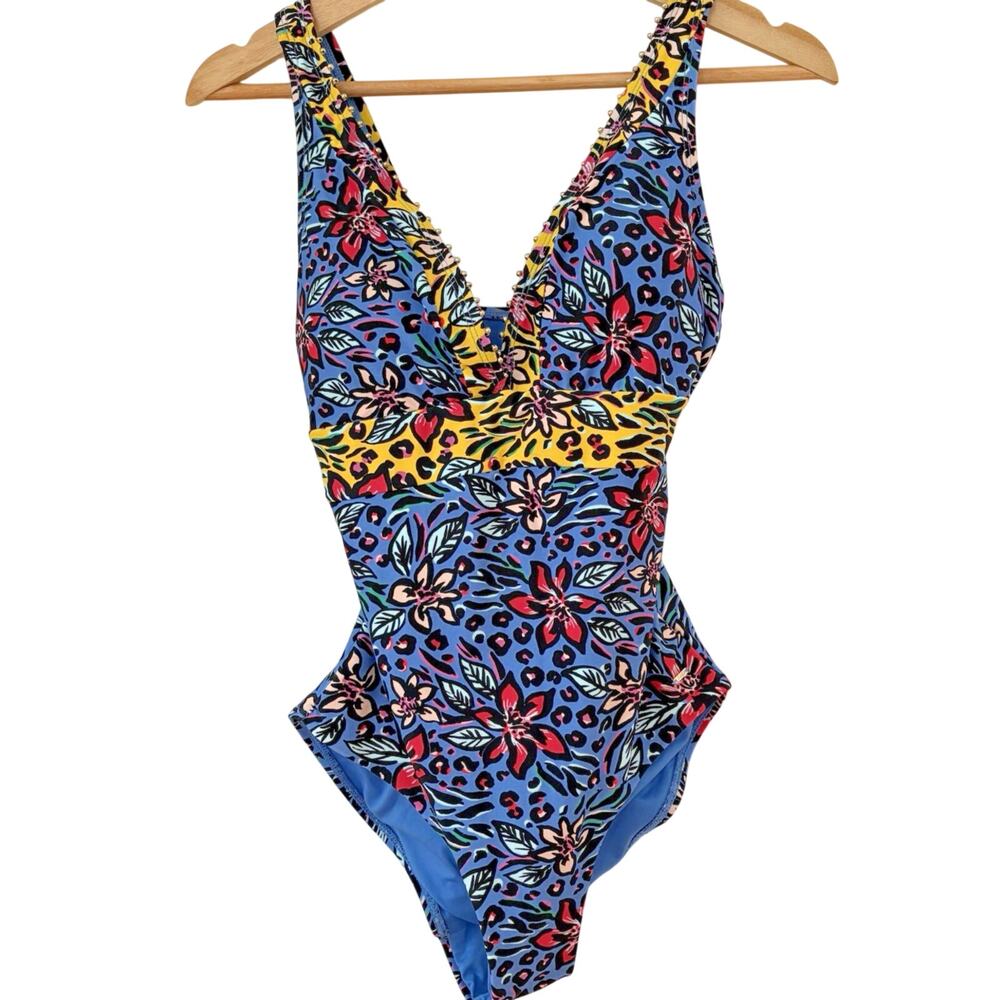 F&F One Piece Swimsuit Floral Animal Print V-Neck Gold Stud Bathing Suit US 6